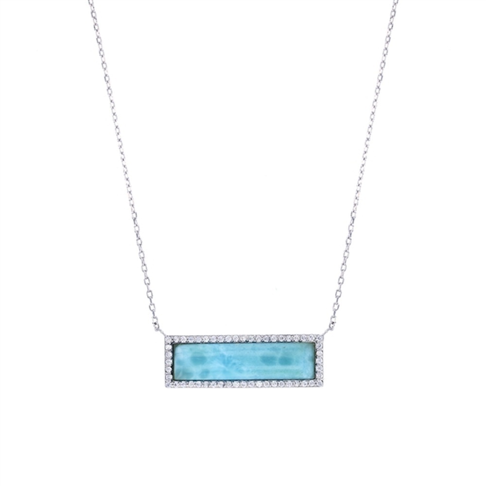 925 Sterling  Silver Long Rectangular Larimar CZ Side Necklace 17.5"+0.75"